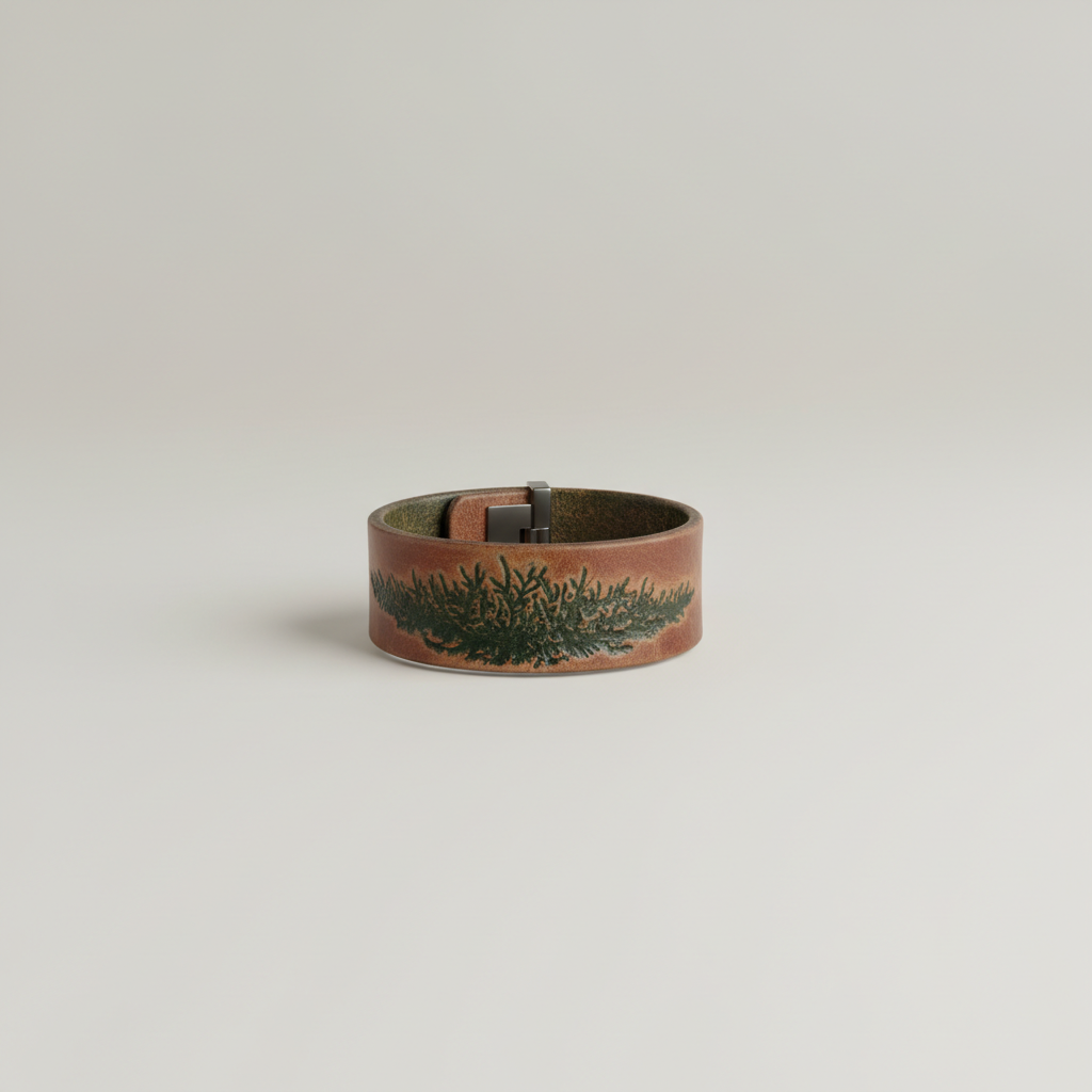 Professional e-commerce product photography of a **brandless** Moss Trail Leather Bracelet (A rugged leather bracelet with an embossed moss motif inspired by forest trails.). The entire environment is a perfectly uniform, flat, solid color #EAE9E7 (light warm gray) with absolutely no gradient, vignette, spotlighting, texture, noise, or grain. The object is centered and tiny, occupying only 25% of the frame, surrounded by massive negative space. The background and floor are a seamless, infinite cyclorama of solid color #EAE9E7 with no horizon line, no corner, and no visible wall/floor transition. Lighting: ultra-even high-key with very strong global illumination and soft, multi-directional bounced fill (studio light tent look). Bright exposure (lifted midtones and shadows, low contrast), slightly overexposed overall while preserving product detail. Fully diffuse, no hard shadows, no cast shadows; at most a barely visible neutral contact shadow. No harsh specular highlights. Framing: simple 3/4 view. Perfectly centered. Style: ultra-clean, minimalistic. No logos, no text, no distractions. 8k resolution, sharp details on the object.