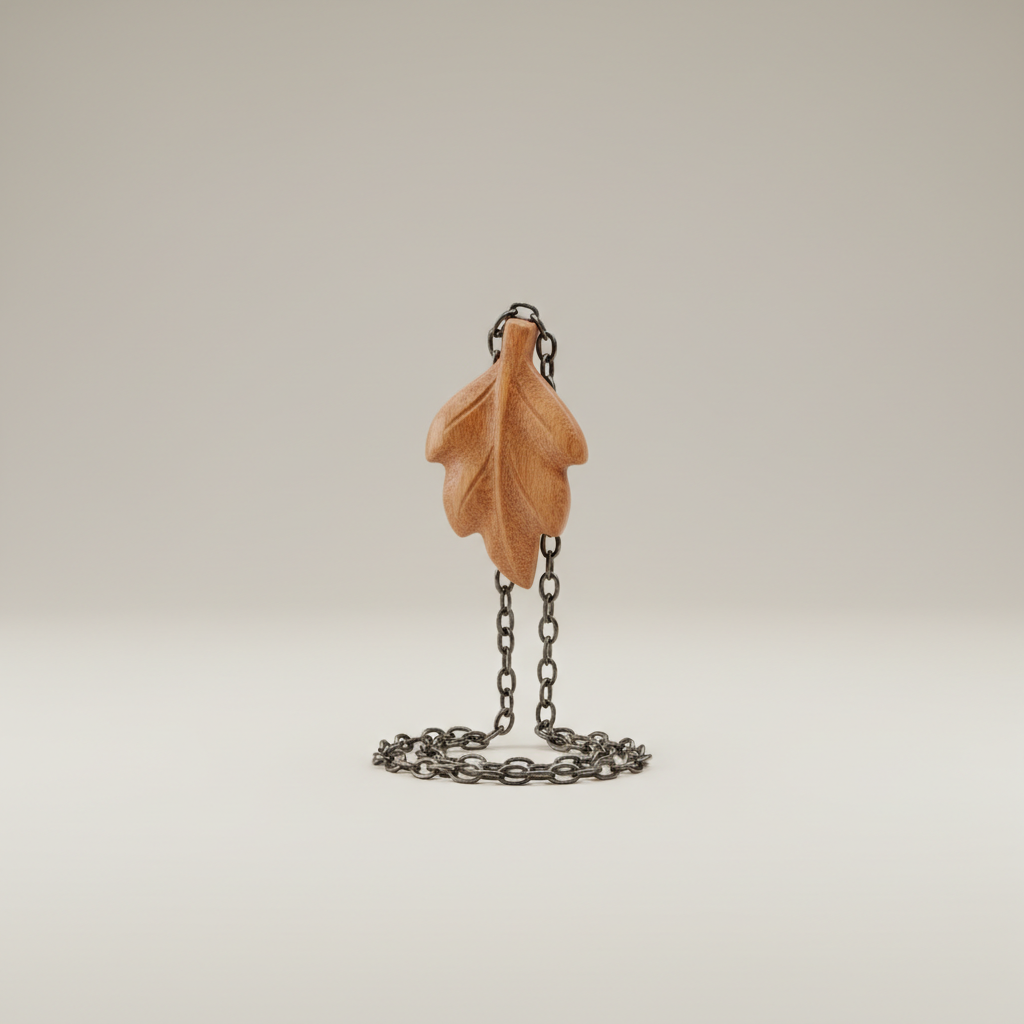 Professional e-commerce product photography of a **brandless** Forest Whisper Pendant (A handcrafted pendant featuring a hand carved wooden leaf suspended from a rustic chain.). The entire environment is a perfectly uniform, flat, solid color #EAE9E7 (light warm gray) with absolutely no gradient, vignette, spotlighting, texture, noise, or grain. The object is centered and tiny, occupying only 25% of the frame, surrounded by massive negative space. The background and floor are a seamless, infinite cyclorama of solid color #EAE9E7 with no horizon line, no corner, and no visible wall/floor transition. Lighting: ultra-even high-key with very strong global illumination and soft, multi-directional bounced fill (studio light tent look). Bright exposure (lifted midtones and shadows, low contrast), slightly overexposed overall while preserving product detail. Fully diffuse, no hard shadows, no cast shadows; at most a barely visible neutral contact shadow. No harsh specular highlights. Framing: simple 3/4 view. Perfectly centered. Style: ultra-clean, minimalistic. No logos, no text, no distractions. 8k resolution, sharp details on the object.