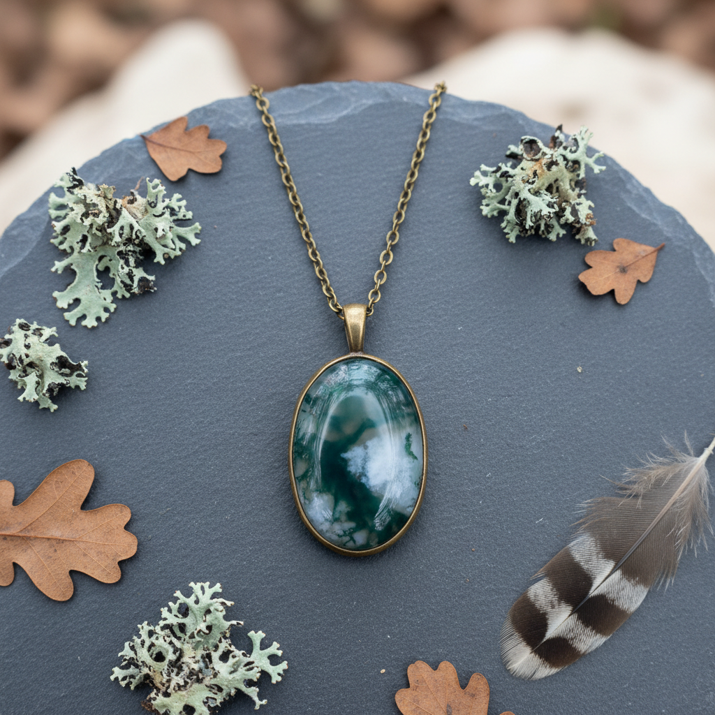 A single handcrafted necklace with a slender, antiqued brass chain and a polished moss agate pendant, its surface marbled with deep forest greens and soft whites, resting on a smooth slate stone. Around the stone, tiny pieces of lichen, dried leaves, and a feather in muted browns add subtle detail without clutter. Soft overcast daylight from above creates an even, gentle illumination, enhancing the stone’s translucence and the metal’s quiet sheen. The mood is serene and refined, with a calm, nature-connected atmosphere. Shot at eye level in a centered composition, the shallow depth of field keeps the necklace in sharp focus, while the edges of the slate and natural elements melt into a creamy, photographic blur.