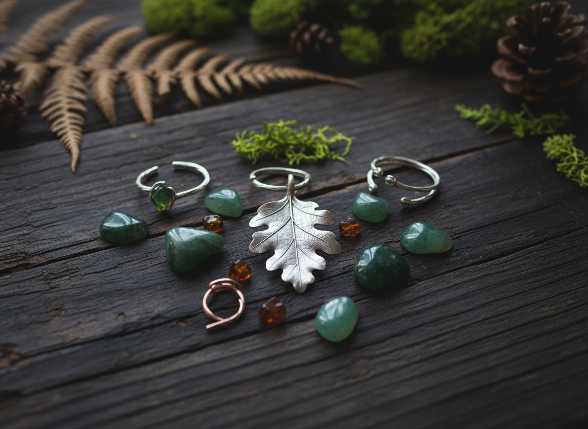 A collection of forest-inspired handmade jewelry arranged on a dark, reclaimed wood surface, showcasing a sophisticated rustic aesthetic. Centered is a delicate silver pendant shaped like an oak leaf, with finely etched veins and a subtle matte finish, surrounded by moss-green gemstones and small twig-shaped rings. Soft, diffused natural light from a nearby window washes across the scene, creating gentle highlights on the metal and muted shadows in the wood grain. The background is softly blurred, hinting at dried ferns and pinecones. Photographed at a slightly elevated angle with a shallow depth of field, the composition feels curated and elegant, emphasizing artisanal craftsmanship and organic textures in a realistic, photographic style.